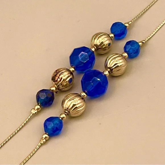 Vintage Cobalt Blue & Gold Bead Long Chain Necklace Gold Tone Plastic Metal - Picture 4 of 7